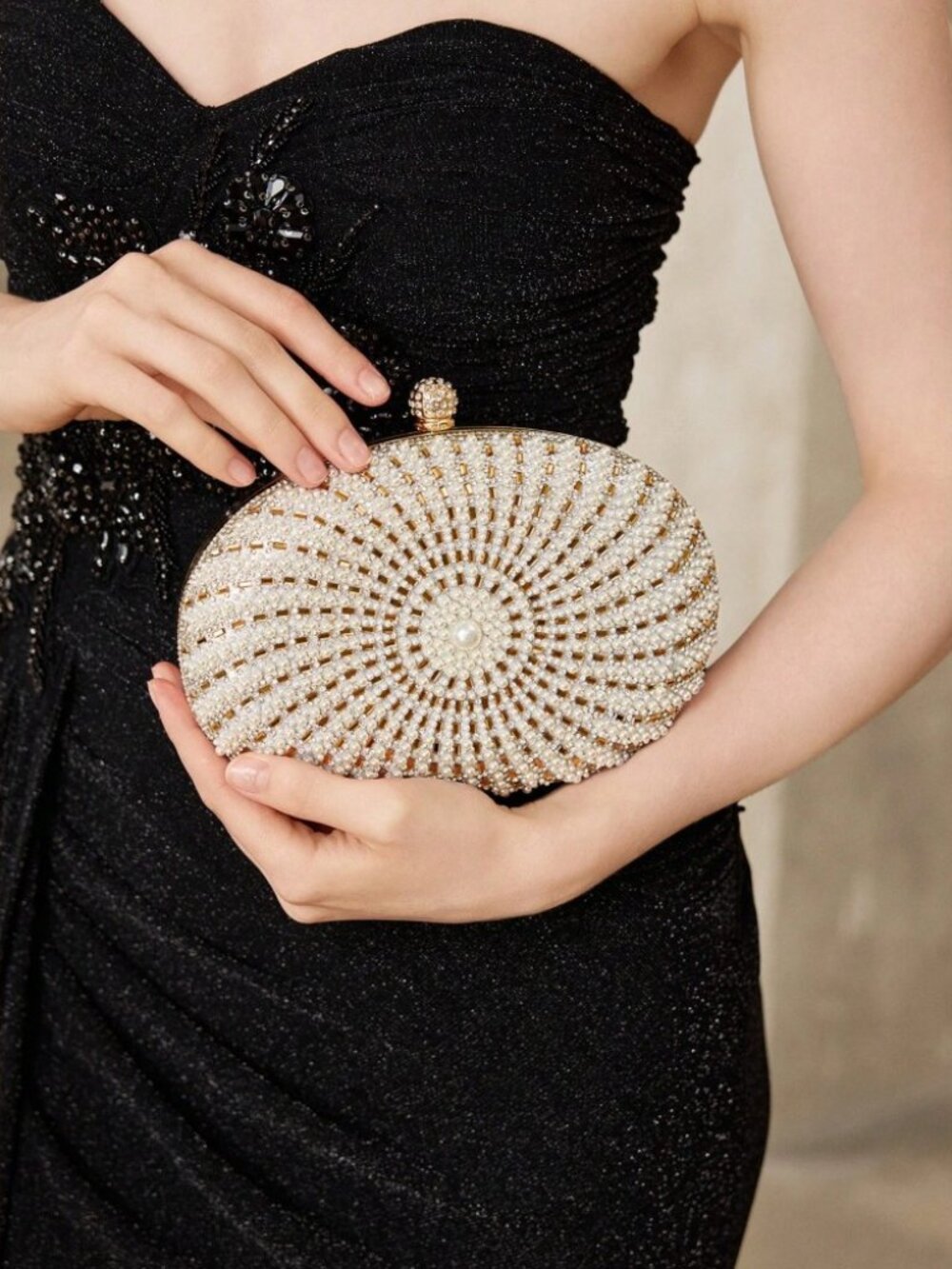 Cream Pearl Beaded Rhinestone Oval Clutch Evening Bag